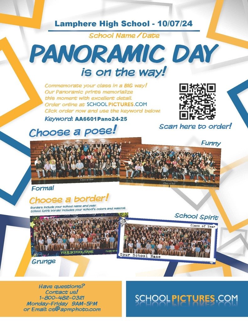 Panoramic Day is on the way!  10/7/2024
Commemorate your class in a big way
our panoramic prints memorialize this moment with excellent detail
Order online at schoolpictures.com
Click order now and use the keyword: AA6601Pano24-25