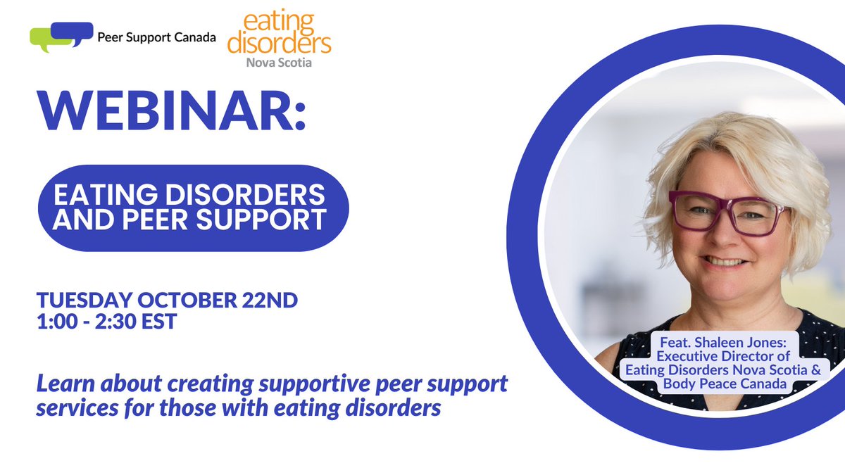 Peer Support Canada will be co-hosting a webinar with Executive Director of <a href="/nsedrecovery/">Eating Disorders Nova Scotia</a> to explore insights for creating supportive peer support services for those with eating disorders. Register in order to attend: ow.ly/70hO50TpASg