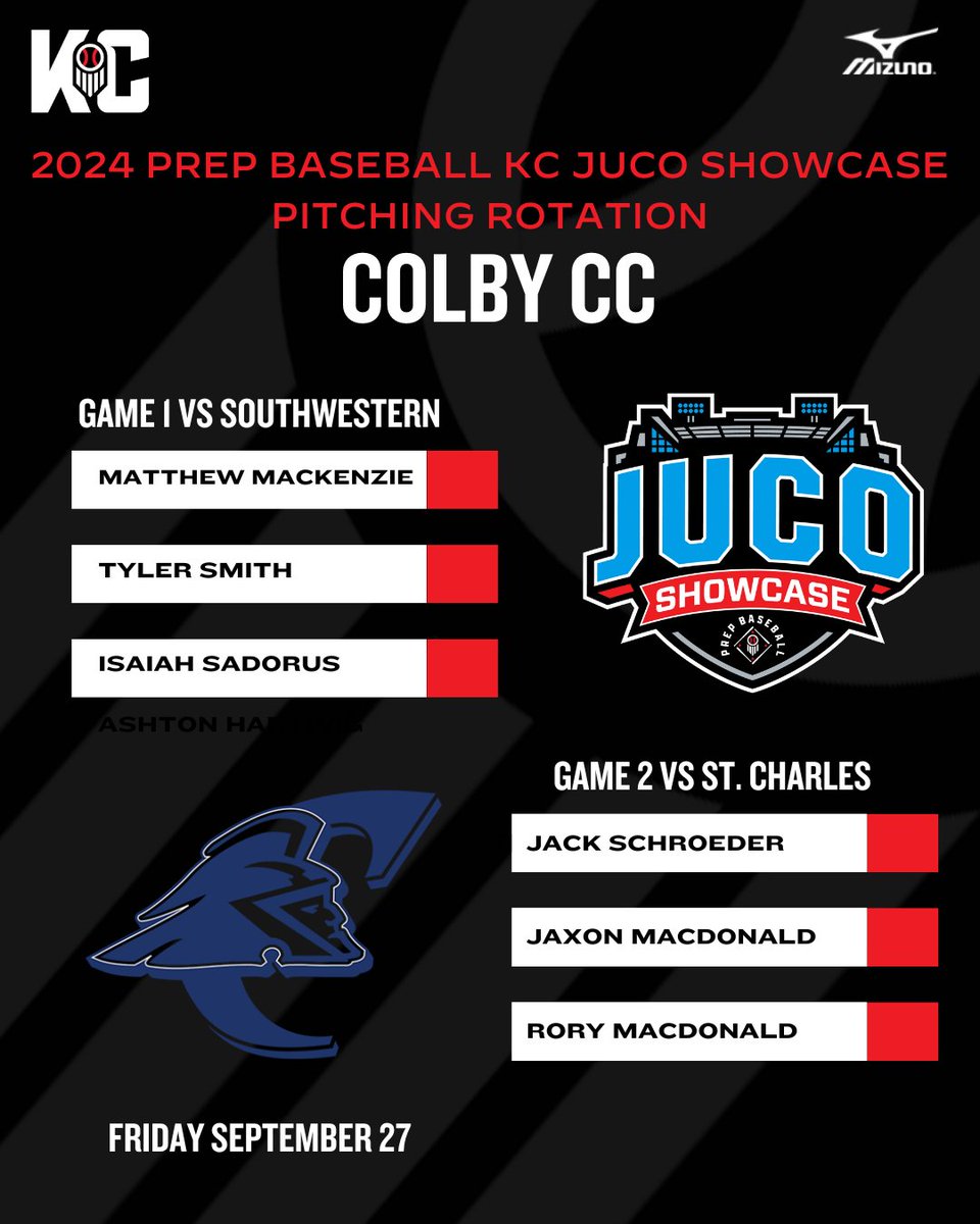 Prep Baseball Kansas City (@prepbaseballkc) on Twitter photo 2024 PBKC JUCO SHOWCASE PITCHING ROTATION
<a href="/ColbyTrojanBSB/">Colby Trojan Baseball</a>
Game 1 vs Southwestern Iowa
Game 2 vs St. Charles
#PrepBaseballKC 2024 PBKC JUCO SHOWCASE PITCHING ROTATION
<a href="/ColbyTrojanBSB/">Colby Trojan Baseball</a>
Game 1 vs Southwestern Iowa
Game 2 vs St. Charles
#PrepBaseballKC