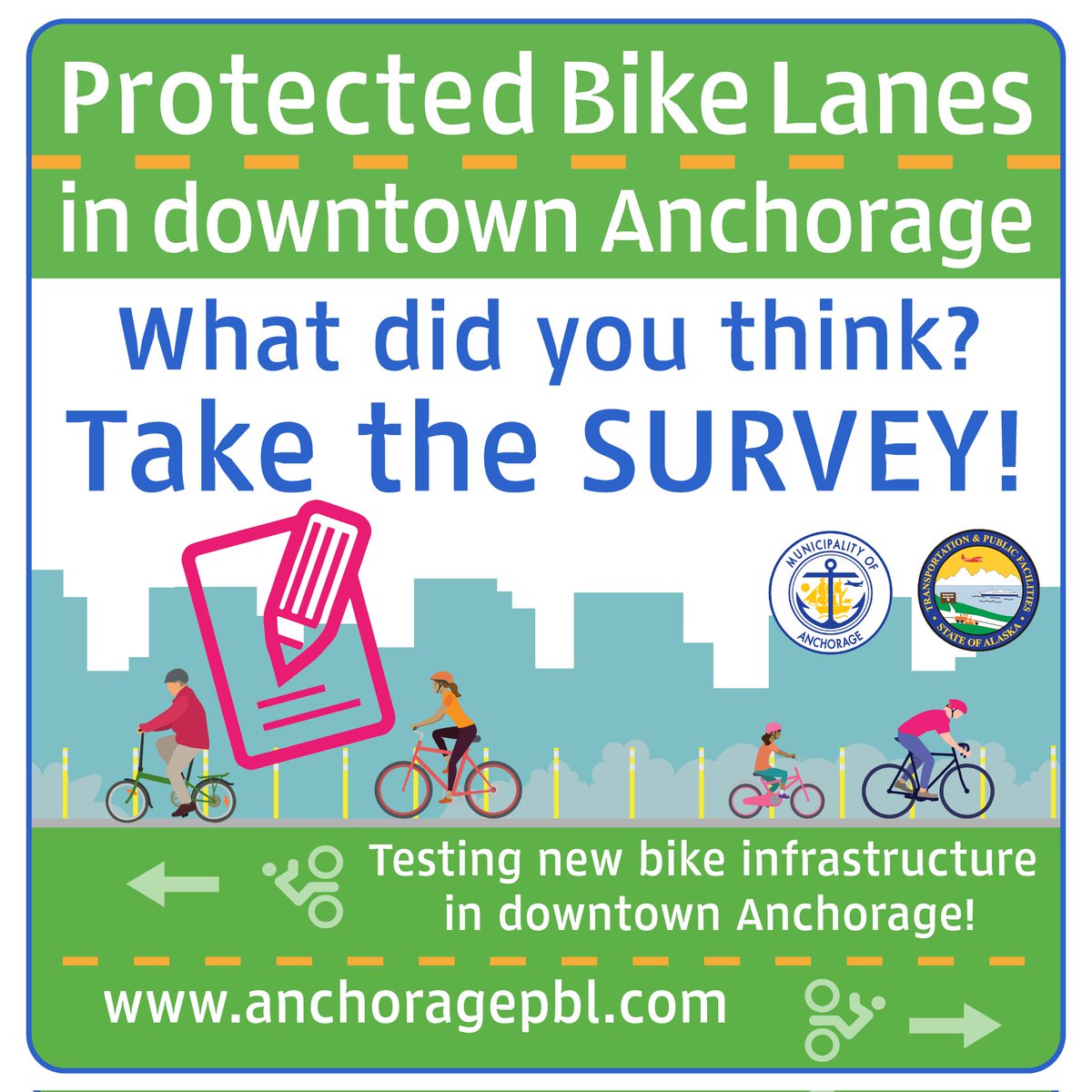 We loved being able to safely access more of Downtown by bike this summer! As planned, the Downtown Protected Bike Lane Pilot was removed ahead of winter, but the project team still needs to hear from you. Take the survey to tell them what you thought:
anchoragepbl.com