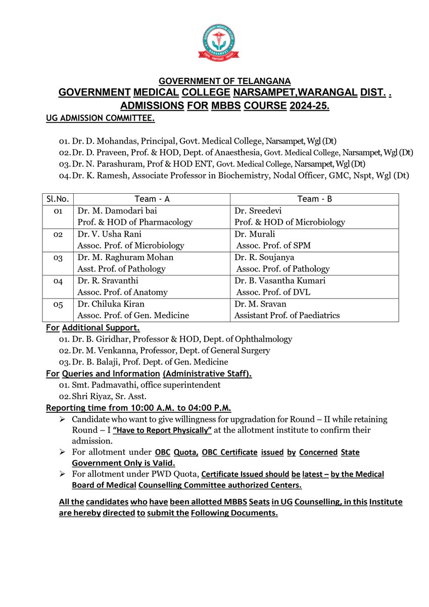 TMMAOfficial's tweet photo. Govt. Medical College, Narsampet, Warangal all set to receive 50 of their first batch of the victims as this year @NMC_IND permitted this college for 50 MBBS admissions.

While NEET UG counselling is currently ongoing, and many students might have already opted for their admission in this college, what they may not be aware is, no minimum teaching faculties are available at this college to teach them.

Attached with this post is faculty contract recruitment notification released by the institution duly signed by the Principal of the institute and by the District Collector, Warangal @Collector_WGL

In the first year subjects as mentioned in the recruitment notification 
Anatomy - only one faculty is available out of the required number  (1 Professor 1 Associate 2 Assistants 1 Senior Resident and 1 Tutor)
Physiology - No faculty is available
Biochemistry - only one faculty is available out of the required number (1 Professor 1 Associate 2 Assistants 1 Senior Resident and 1 Tutor)

Though as per NMC TEQ 2022 norms, #MScMedicalPostgraduates alone are eligible for the Tutor posts, MBBS qualifications are mentioned against the said posts to deliberately deny the opportunities for MSc Medical Postgraduates.

How many such medical colleges in the state and how many such newly established medical colleges both Pvt. and Govt. are all set to receive the victims?

How many such medical colleges are all set to receive their first batch victims in the Nation?

Are MBBS students only the victims here? What about the Public Health Safety? Are not the Public the real Victims here?

#MedX #MedTwitter #PublichHealthSafety #MBBS #NEETUGcounselling