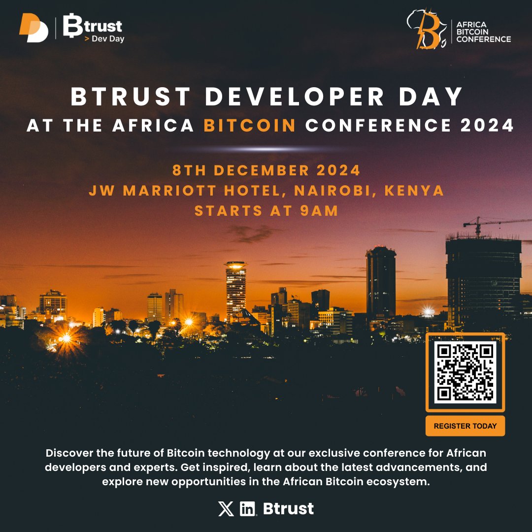 Save the Date for the #BtrustDeveloperDay at the @AfroBitcoinOrg 2024 🚀  Join us for a day of insightful discussions, workshops, project showcases,  networking and the gala night 🎊 📅 Dec 8, 2024