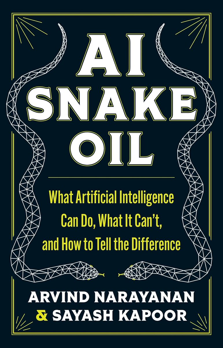 Sayash Kapoor (@sayashk) on Twitter photo 📣AI SNAKE OIL is out today! Writing this book over the last two years has been a labor of love. <a href="/random_walker/">Arvind Narayanan</a> and I are very excited to hear what you think of it, and we hope you pick up a copy. Some reflections on the process of writing the book 🧵 📣AI SNAKE OIL is out today! Writing this book over the last two years has been a labor of love. <a href="/random_walker/">Arvind Narayanan</a> and I are very excited to hear what you think of it, and we hope you pick up a copy. Some reflections on the process of writing the book 🧵