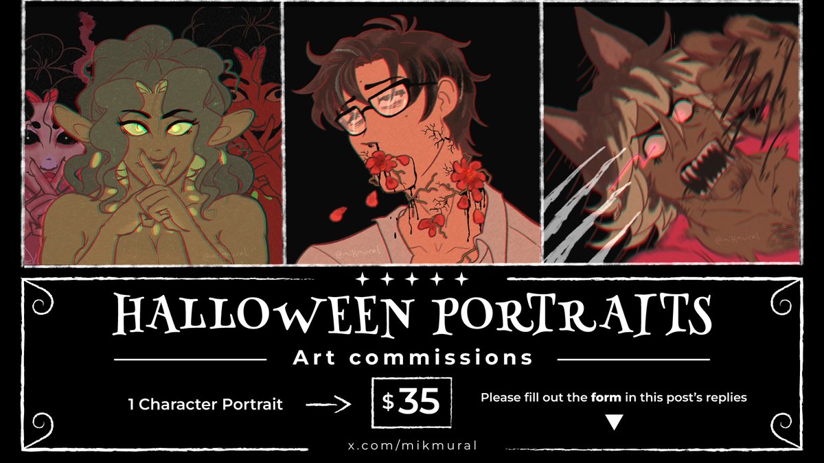 mikmural's tweet image. Do you have an icon ready for october of your favorite character/OC but as a creepypasta? No? Then let me do one for you 💀🩸🎃👻

I'm offering Halloween portraits styled like these! 

⬇️If interested, please fill out the form in the replies⬇️