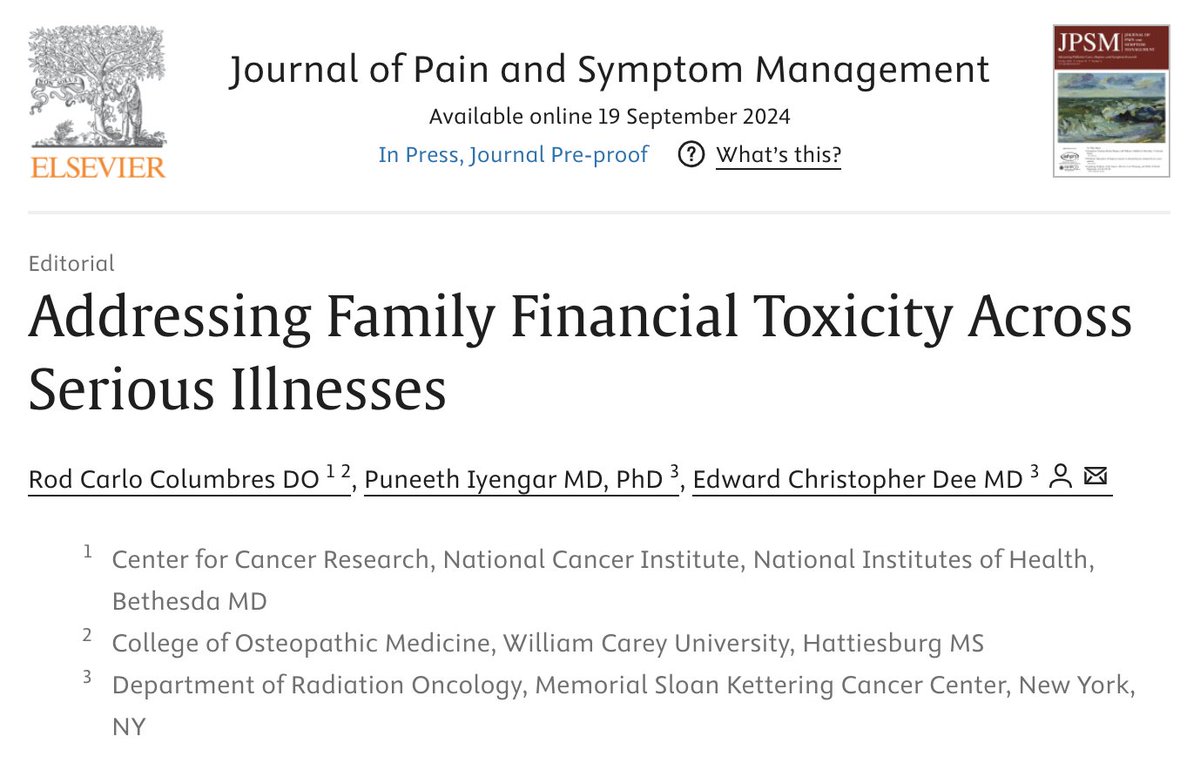 Edward Christopher "Chris" Dee, MD (@echrisdee) on Twitter photo 📜 Thank you <a href="/JPSMjournal/">Journal of Pain and Symptom Management (JPSM)</a> for the invitation to pen the #Editorial for the work of Dr Dotolo et al, examining #family #financial #toxicity among patients in the #ICU
🙏 Led by future #radonc Dr <a href="/RodColumbres/">Rod Carlo Columbres</a> & Dr <a href="/IyengarPuneeth/">Puneeth Iyengar</a>
🔗 sciencedirect.com/science/articl… 📜 Thank you <a href="/JPSMjournal/">Journal of Pain and Symptom Management (JPSM)</a> for the invitation to pen the #Editorial for the work of Dr Dotolo et al, examining #family #financial #toxicity among patients in the #ICU
🙏 Led by future #radonc Dr <a href="/RodColumbres/">Rod Carlo Columbres</a> & Dr <a href="/IyengarPuneeth/">Puneeth Iyengar</a>
🔗 sciencedirect.com/science/articl…
