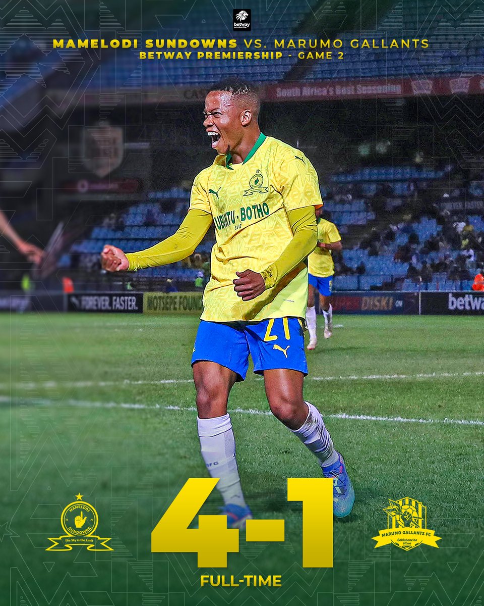 Masandawana's tweet photo. Masandawana score 4⃣ and earn a 2⃣nd straight #BetwayPrem win at home! 🔥

Mamelodi Sundowns (9' Matthews, 34' Rayners, 48' Ribeiro, 71' Mkhulise) 4⃣➖1⃣ Marumo Gallants (88' Mhango)

#Sundowns #BetwayPrem #RabatsenaGape https://t.co/sbgH5rQHXw