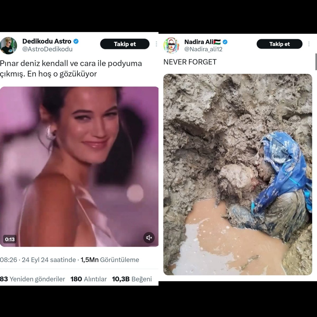 kesfsever's tweet photo. Oh my God! Düşünebiliyor musunuz Kendall ve Cara gibilerle aynı podyumda yürüdü...
(1,5 milyon görüntülenme, binlerce like)

İsrail 7 ekimden beri 42.000 insanı öldürdü... Bak ve geç.

X akışı bu sahte dünyanın kısacık bir özeti.
Bir tarafta parçalanmış cesetler. Diğer tarafta bu podyum süsleri. Ve dünyası, gündemi bu olan niceleri.

Hayır, abartmıyorum. Haysiyetli, vicdanlı, derin bir ruh bu korkunç tezatlığı kaldıramaz.
Bu uçurumun içinde, aralarında korkunç bir ruh mesafesi olan insanlarla bir arada yaşamak çok zor.

Aynı dünyanın insanı değiliz. Aynı kalbin kardeşi, aynı ruhun ruhdaşı değiliz