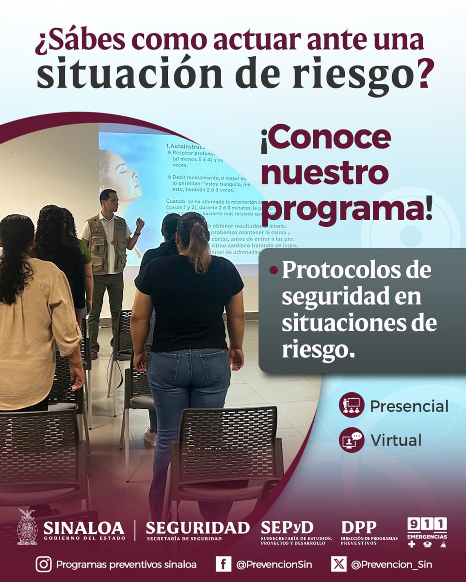 En la Dirección de Programas Preventivos, contamos con el programa “Protocolos de seguridad en situaciones de riesgo”, su objetivo es fortalecer las habilidades con las que cuenta la persona para responder ante situaciones de riesgo.
<a href="/sspsinaloa1/">Seguridad Pública Sinaloa</a> <a href="/sinaloagobmx/">Gobierno del Estado de Sinaloa</a> <a href="/rochamoya_/">Rubén Rocha Moya</a>