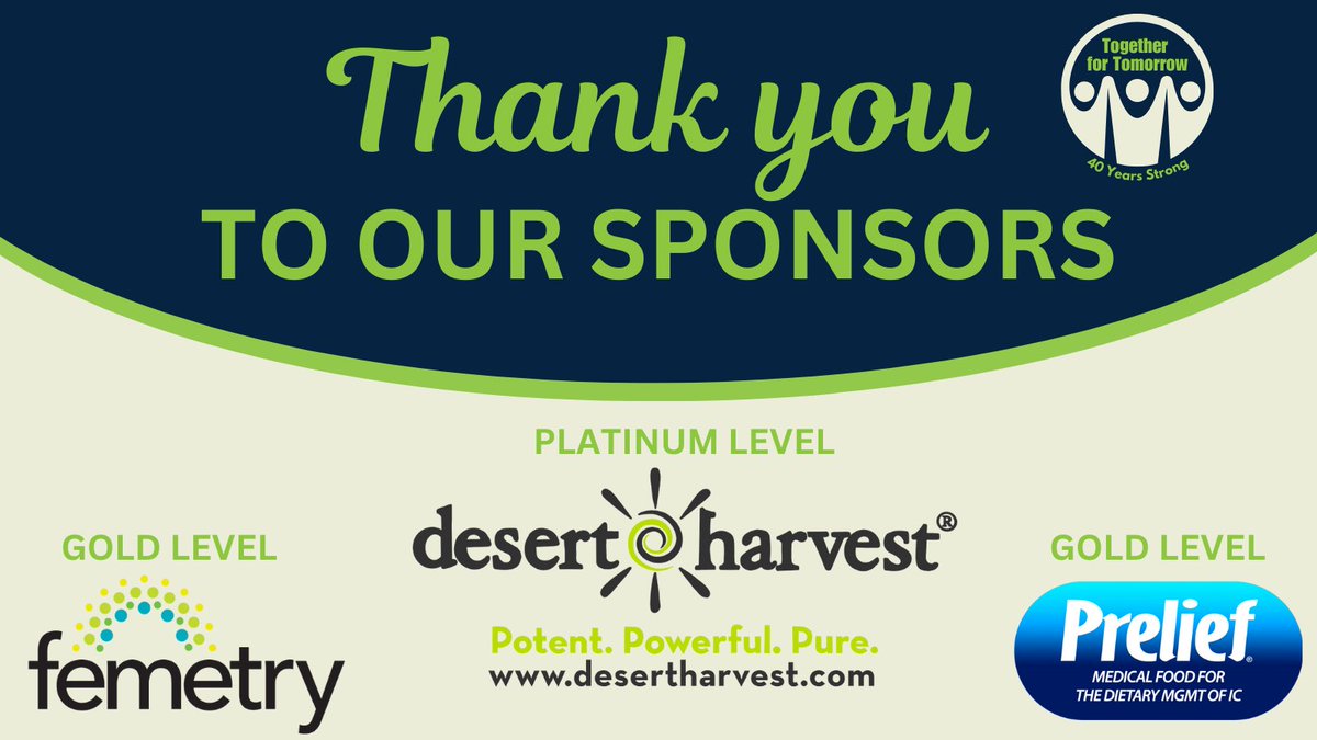 🎉 Thank you to our amazing sponsors! 

We are incredibly grateful to our sponsors for making this month's Together for Tomorrow event possible. Thank you for helping us celebrate our 40th anniversary and raise awareness for IC Awareness Month!

#InterstitialCystitis #ICBPS