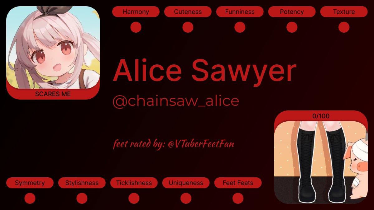 VTFeetAnalyser's tweet photo. 333. @/chainsaw_alice
Feet rating by @/VTuberFeetFan

#VTuber https://t.co/aAIdJCYx0U