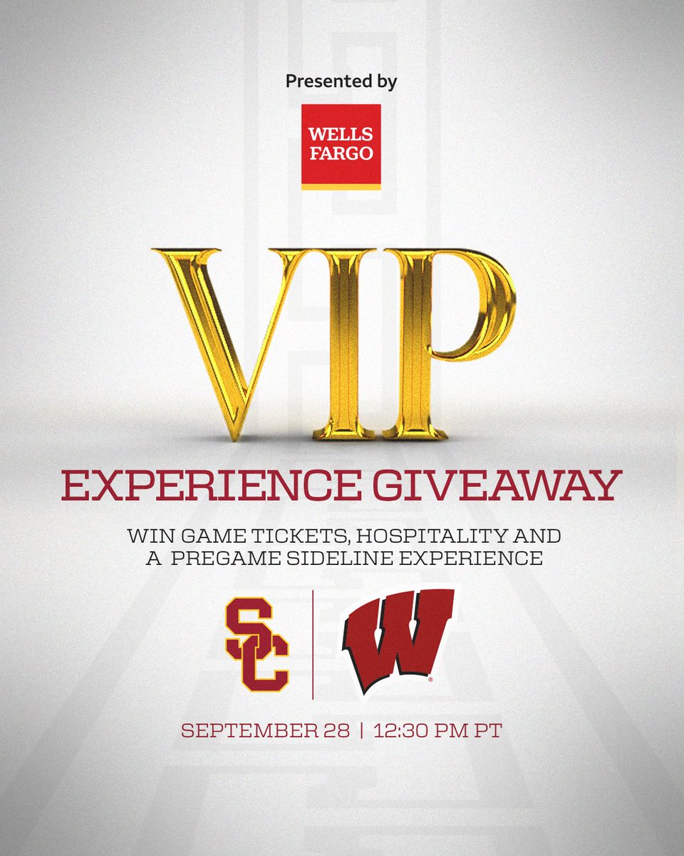 USC Trojans (@usc_athletics) on Twitter photo We're giving one lucky fan a VIP experience at this Saturday's <a href="/uscfb/">USC Football ✌️</a> game, presented by <a href="/WellsFargo/">Wells Fargo</a>!
Repost to enter for your chance to win! We're giving one lucky fan a VIP experience at this Saturday's <a href="/uscfb/">USC Football ✌️</a> game, presented by <a href="/WellsFargo/">Wells Fargo</a>!
Repost to enter for your chance to win!