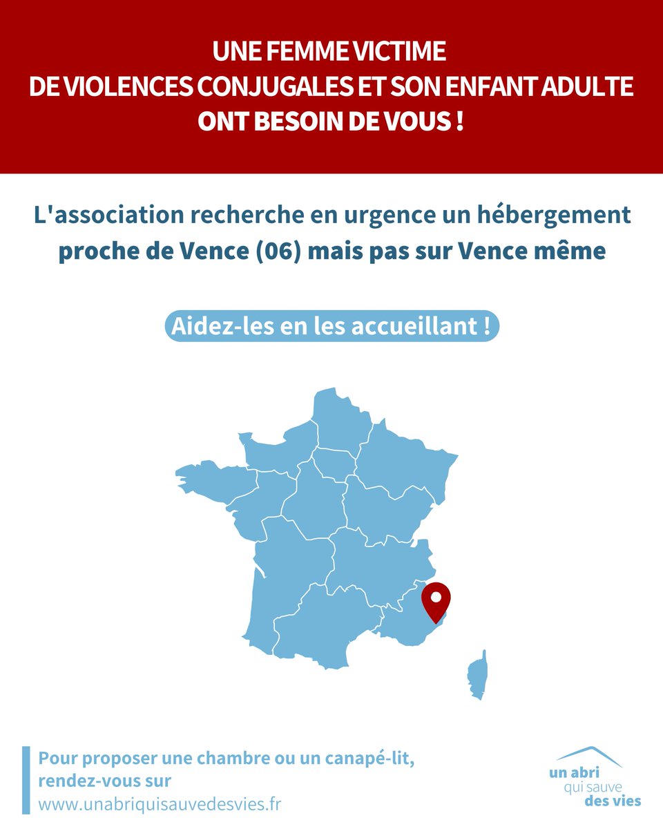 ⚠️ URGENCE

#VIOLENCESCONJUGALES

⚠️

Un abri qui sauve des vies recherche un lieu sûr pour héberger en urgence une femme et son fils adulte prêt de 📍#Vence (06) mais pas sur Vence même.

Pour les aider, vous pouvez l'accueillir.

Merci de partager 🙏