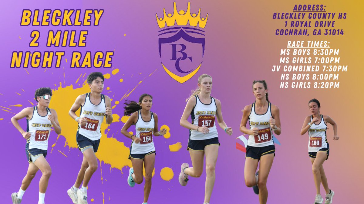 Jeff Davis XC (@jeffdavis_xc) on Twitter photo Update...
Both MS & HS will now race at the Bleckley County Night Race on Wed.
$2 per person entry fee (CASH ONLY).
See attached schedule. Update...
Both MS & HS will now race at the Bleckley County Night Race on Wed.
$2 per person entry fee (CASH ONLY).
See attached schedule.