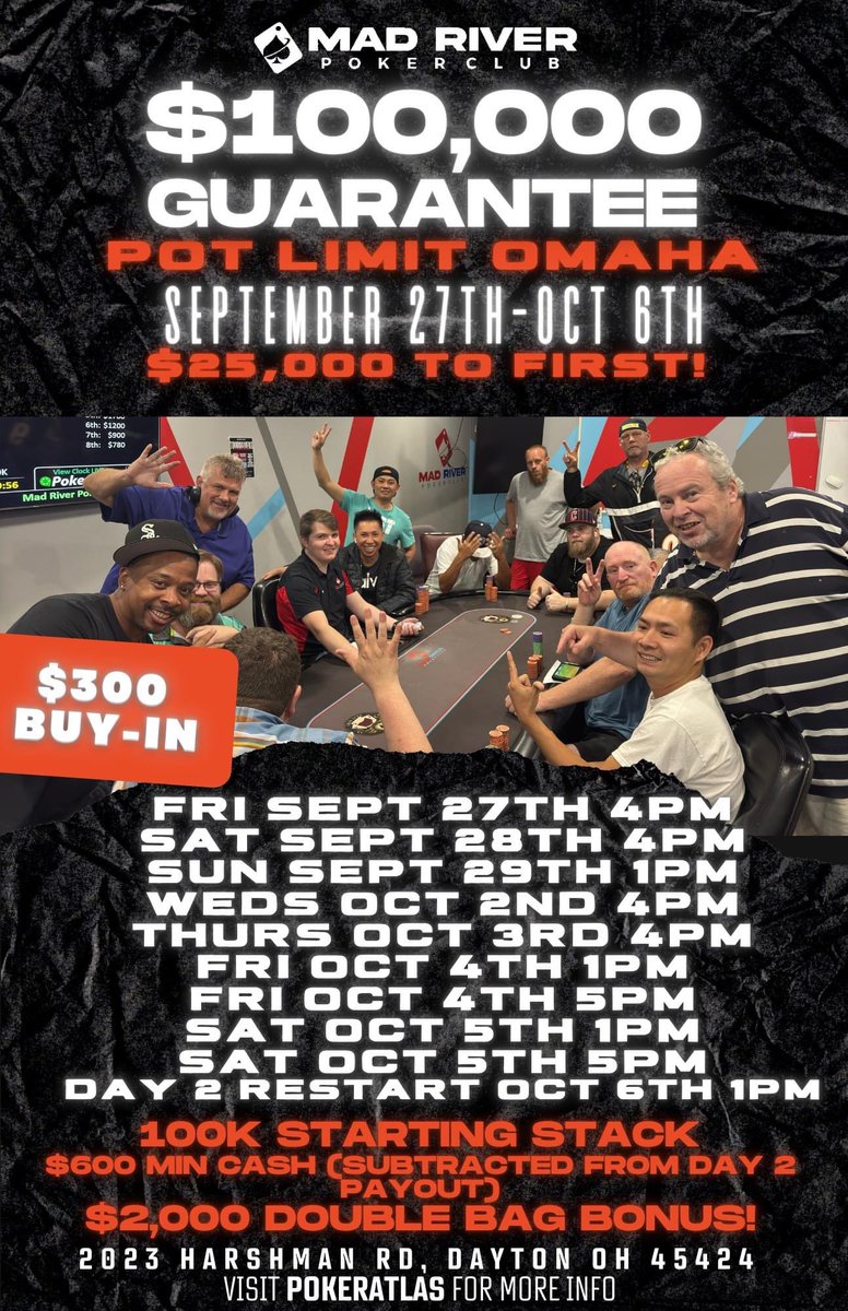 The Fun Begins This Weekend 😎 

$100,000 GTD Pot Limit Omaha ($25K GTD To First Place!)
Starting Friday, September 27th At 4:00pm ✅ | $300 Buy-In | 100K Starting Stack | $600 Min Cash | $2,000 Double Bag Bonus 🎁 (See PokerAtlas For More Info 🔍 )