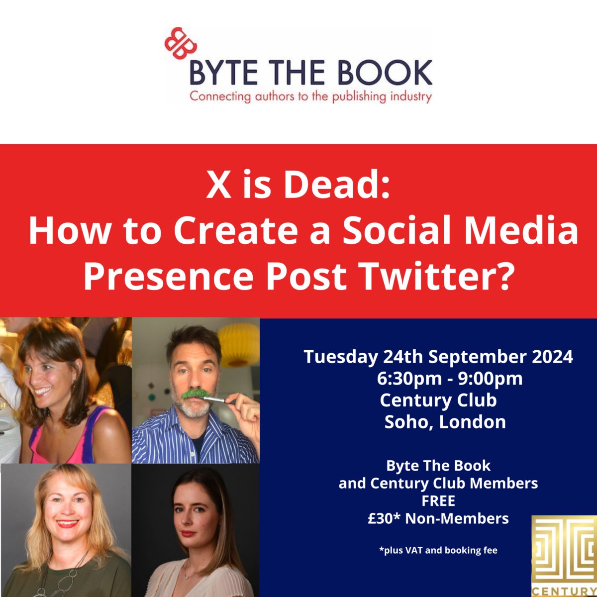 BytetheBook's tweet photo. Welcome to our #ByteTheBook panel: “X is Dead - How to Create a Social Media Presence Post Twitter” 💻
Many thanks to everyone attending our event at @CenturySohoLive this evening!
We’ll be live-tweeting throughout the event, so watch our social media.
#PublishingEvent https://t.co/7a5oVVtJVw