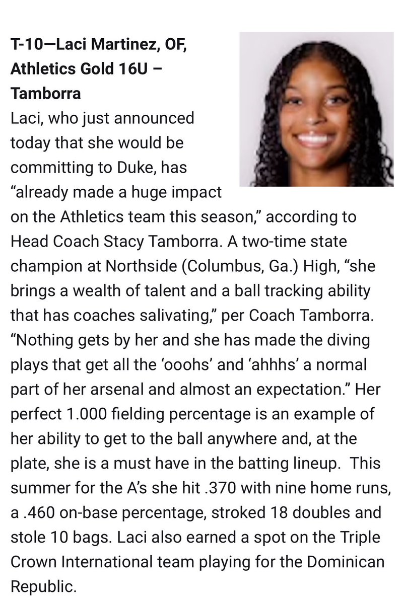Laci Martinez (@lacilou2026) on Twitter photo Excited to be ranked among so many talented student athletes! Thank you so much for recognizing me <a href="/LineDsoftball/">Line Drive Media</a> !
<a href="/AGTTamborra16U/">Athletics Gold Tamborra 16U Gold - Tamborra</a> <a href="/TamborraStacy/">Stacy Tamborra</a>
<a href="/DukeCoachYoung/">Marissa Young</a> <a href="/oliviaadyan/">“Coach Liv” Olivia Watkins</a> <a href="/CoachTaylor_W/">Taylor Wike</a> <a href="/prstaggs/">Parker Staggs</a> <a href="/DukeSOFTBALL/">Duke Softball</a> Excited to be ranked among so many talented student athletes! Thank you so much for recognizing me <a href="/LineDsoftball/">Line Drive Media</a> !
<a href="/AGTTamborra16U/">Athletics Gold Tamborra 16U Gold - Tamborra</a> <a href="/TamborraStacy/">Stacy Tamborra</a>
<a href="/DukeCoachYoung/">Marissa Young</a> <a href="/oliviaadyan/">“Coach Liv” Olivia Watkins</a> <a href="/CoachTaylor_W/">Taylor Wike</a> <a href="/prstaggs/">Parker Staggs</a> <a href="/DukeSOFTBALL/">Duke Softball</a>