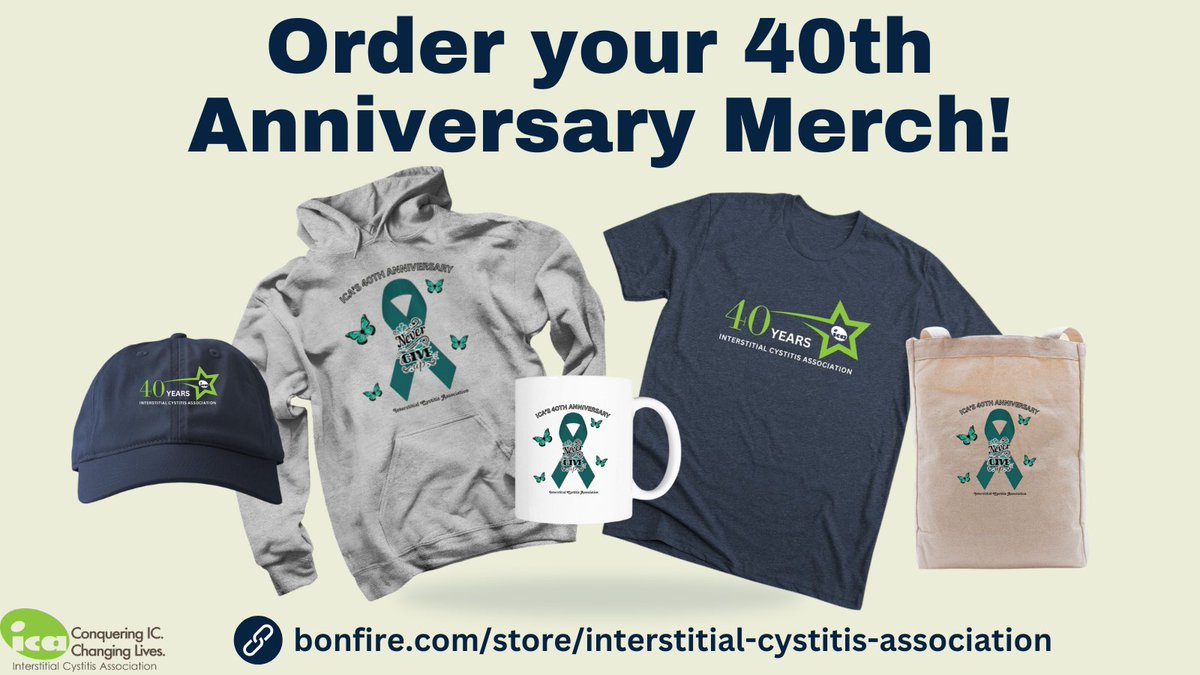 🧢 Join us in celebrating our 40th Anniversary and show off your new ICA gear!

🔗 Head over to bonfire.com/store/intersti… to order your 40th Anniversary merch for IC Awareness Month!

#InterstitialCystitis #BladderPainSyndrome #ICBPS #Merch