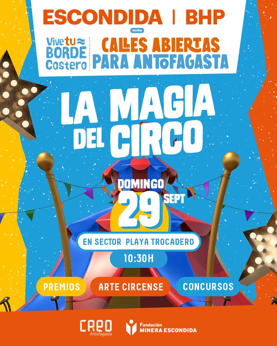 Volvemos con todooooo🤩🎪✨️
Este domingo 29 de septiembre no te pierdas toda la Magia del Circo en Vive tu Borde Costero: Calles Abiertas para #Antofagasta🙌

Te esperamos desde las 10:30 h en el sector de Playa Trocadero con juegos y sorpresas para toda la familia y amigos🫶