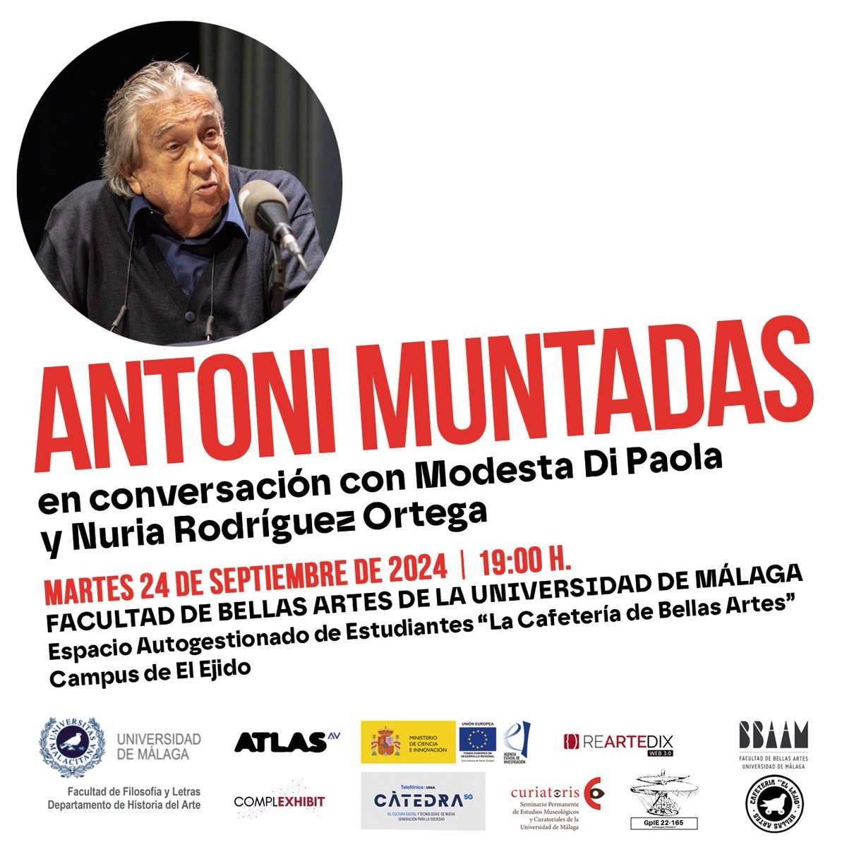 TelefónicaUMA (@telefonicauma) on Twitter photo 🔍 #AntoniMuntadas
Considerado pionero del media art y del arte conceptual en España, explora la crítica a los mecanismos de control y poder en la experiencia contemporánea. #Arte #Cultura
En conversación con: <a href="/airun72/">Nuria Rodríguez-Ortega</a> y Modesta Di Paola en <a href="/bbaamalaga/">Facultad de Bellas Artes - UMA</a> (Cafés con estilo) 😎 🔍 #AntoniMuntadas
Considerado pionero del media art y del arte conceptual en España, explora la crítica a los mecanismos de control y poder en la experiencia contemporánea. #Arte #Cultura
En conversación con: <a href="/airun72/">Nuria Rodríguez-Ortega</a> y Modesta Di Paola en <a href="/bbaamalaga/">Facultad de Bellas Artes - UMA</a> (Cafés con estilo) 😎