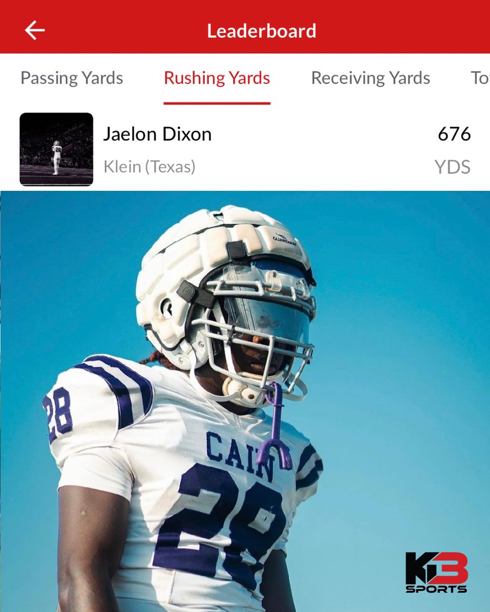 AreYouProven's tweet photo. #️⃣☝️ IN RUSHING YARDS @JaelonDixon 🔥season so far! Welcome to the #kb3leaderboard Jaelon with 676 RYDs. @KLEINCAINFB 👏👏
•
•
•
#GetRanked with KB3 Sports!
@KleinCain #leaderboard #rushingyards #runningback #numberone #football #kb3sports
📸: @miracle10811 & @JaelonDixon https://t.co/d1J1FU33eu