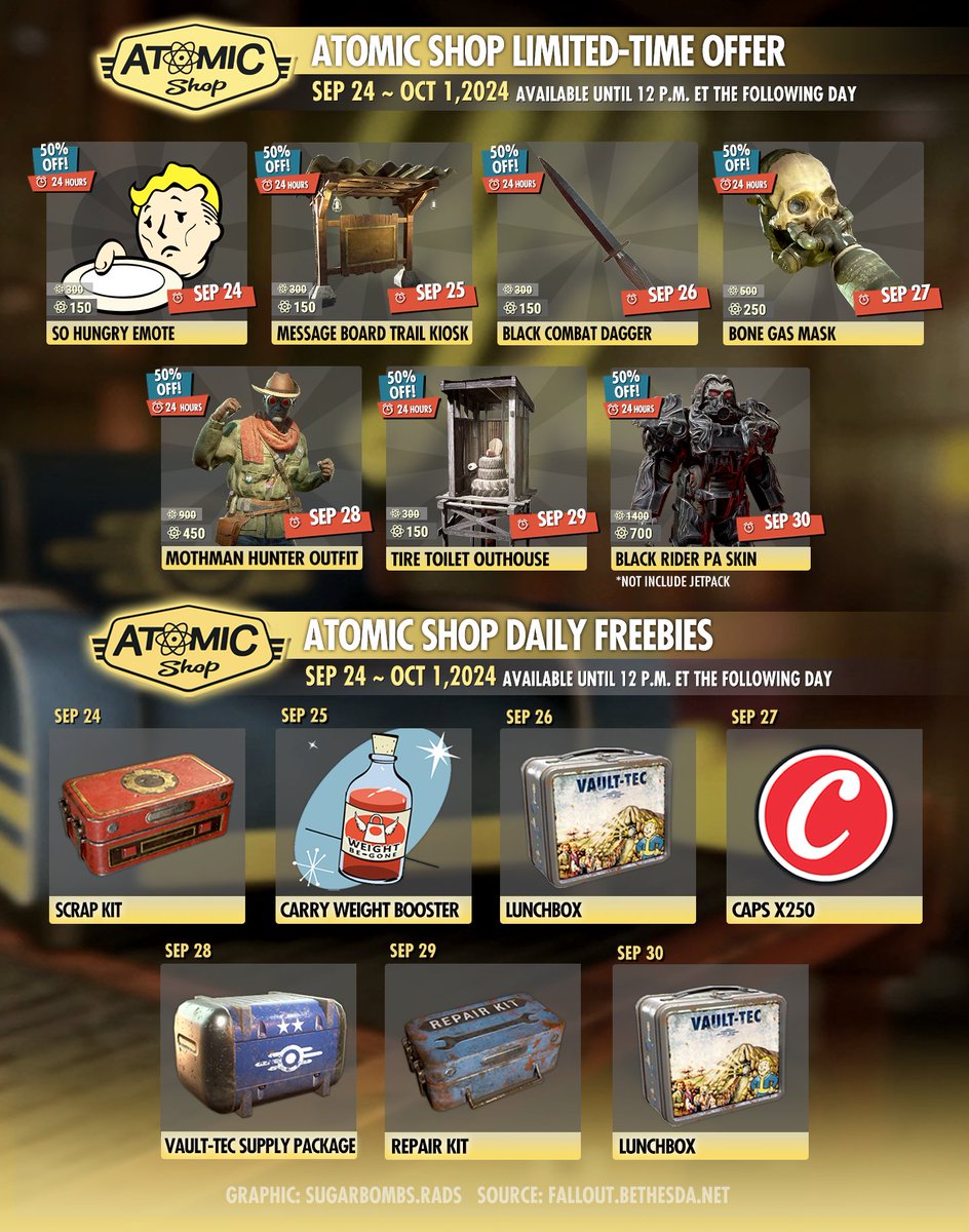 #Fallout76 This week Atomic Shop limited-time offer and daily freebies (SEP 24 – OCT 1,2024). Each item will be available until 12 P.M. ET the following day. ⏳Source:bethesda.net/en/article/72k…