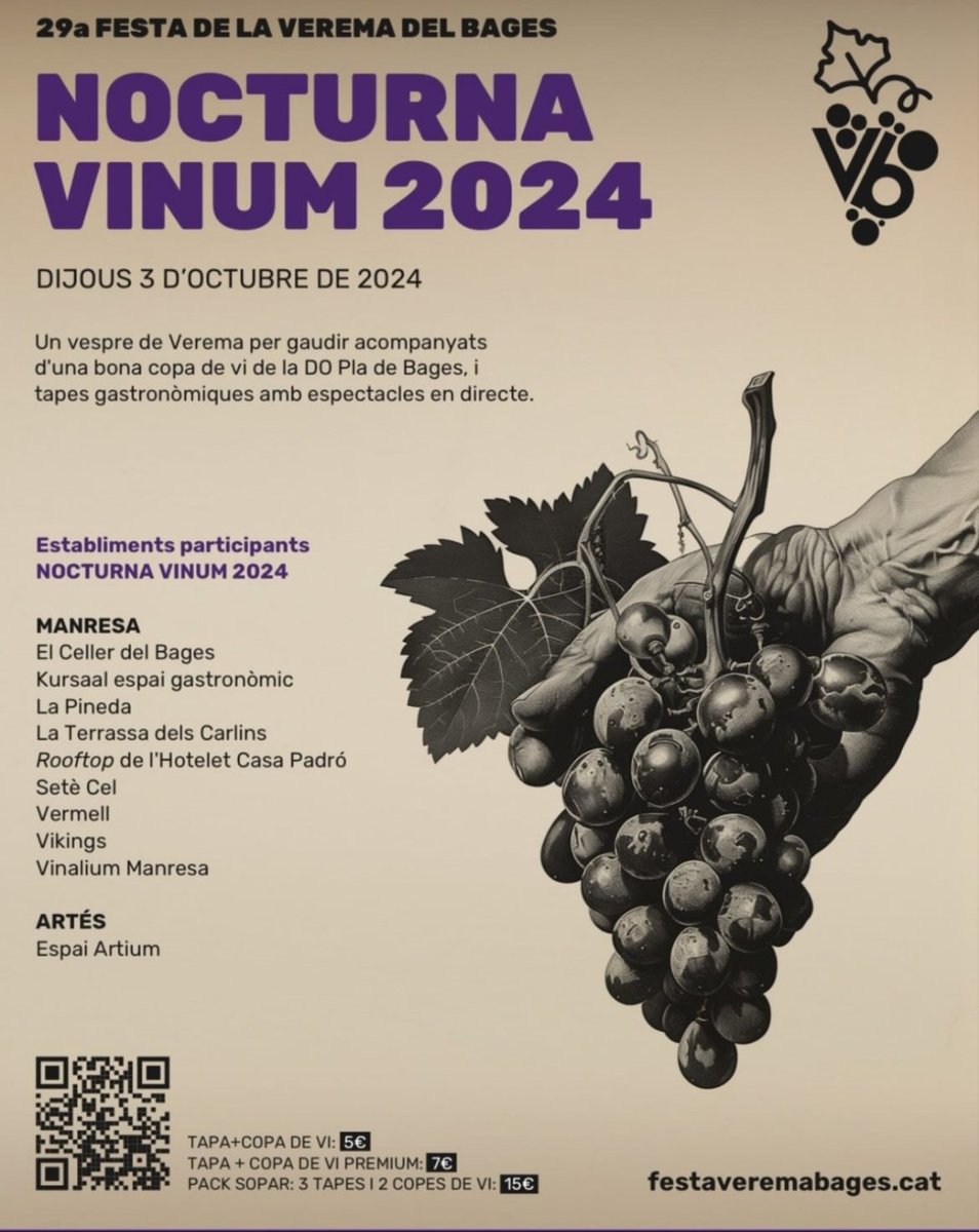 Festa de la Verema del Bages (@veremabages) on Twitter photo Un vespre de Verema amb vins de la <a href="/dopladebages/">DO Pla de Bages</a> i tapes gastronòmiques. Consulta els establiments de la #nocturnavinum d'enguany i tasta els sabors del territori! 👇🍇 Un vespre de Verema amb vins de la <a href="/dopladebages/">DO Pla de Bages</a> i tapes gastronòmiques. Consulta els establiments de la #nocturnavinum d'enguany i tasta els sabors del territori! 👇🍇