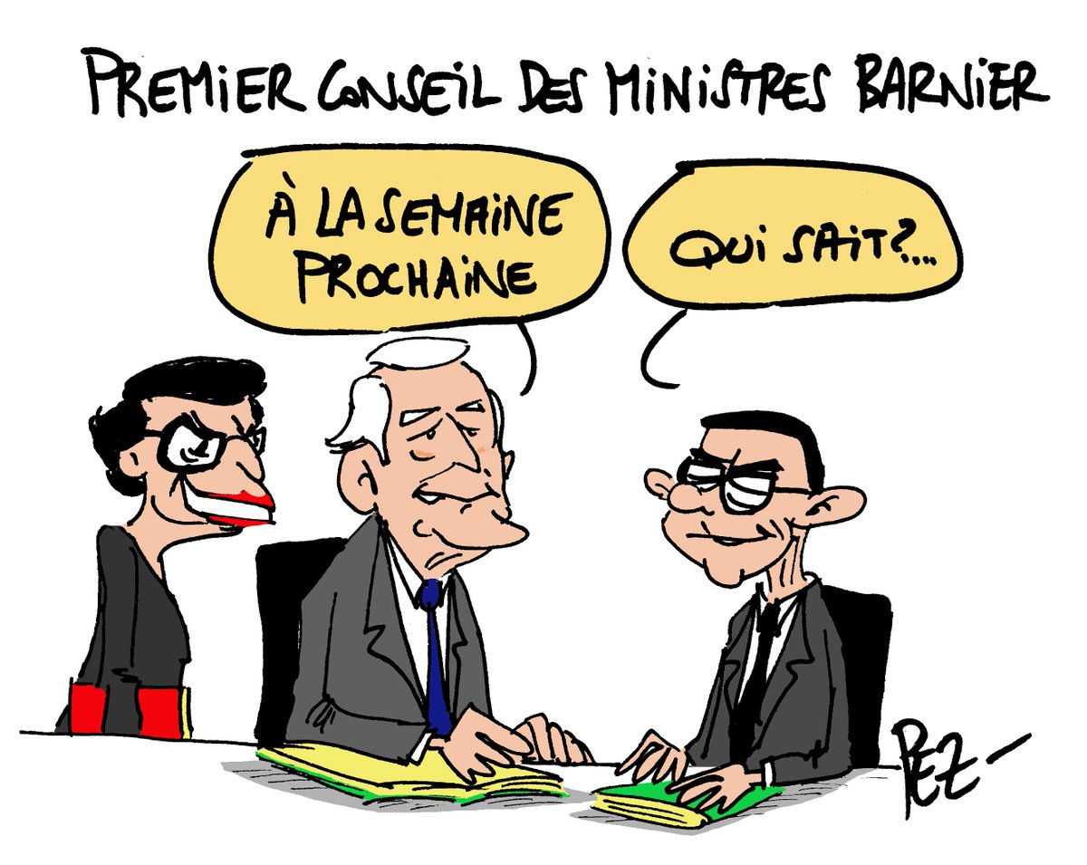 PEZdessinateur's tweet photo. #Barnier #Matignon #Retailleau #Dati #ministres #ConseilDesMinistres #longevite #Censure #MotionDeCensure #GouvernementBarnier #gouvernement #Macron #dessindepresse #dessin #humour https://t.co/xNL3HMpJl6