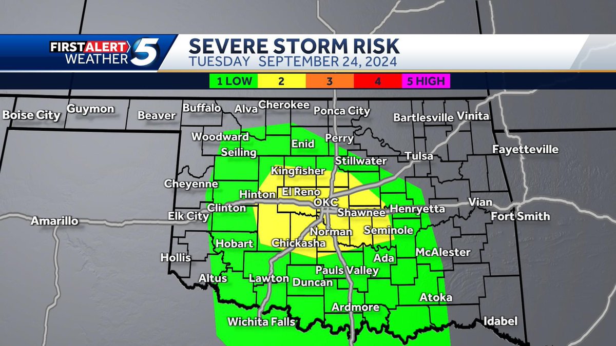 KOCOMichael's tweet image. Golfball size hail and sons gusts to 70 mph possible this evening with any supercell that develops. Timing is between 6 pm and midnight with storms developing just west of OKC Metro around 6 pm and then moving southeast. #okwx #koco5