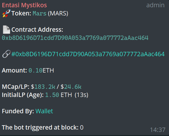 entasiBot's tweet photo. A gem discovered by our $ETH bots. $MARS was detected at 190K marketcap. Current ATH 6M !!
Subscribe to Entasi here: https://t.co/Z6DdWISf1T
Entasi for the win!
CA: 0xb8D6196D71cdd7D90A053a7769a077772aAac464
#entasibots #volumetracker #ai #memecoin #mars #bullrun #crypto @mars_erc20