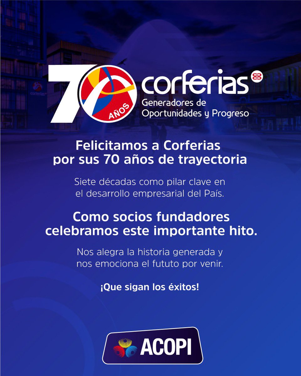 En ACOPI, celebramos con orgullo los 70 años de <a href="/CorferiasBogota/">Corferias</a> un referente en el desarrollo empresarial de Colombia. Como socios fundadores, nos honra haber sido parte de este camino de crecimiento y éxito. ¡Felicitaciones y por muchos años más de logros!