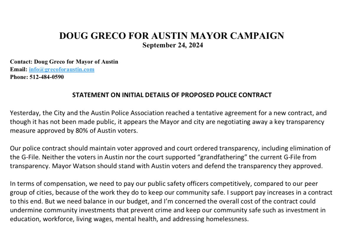 My statement on the initial details of proposed police contract