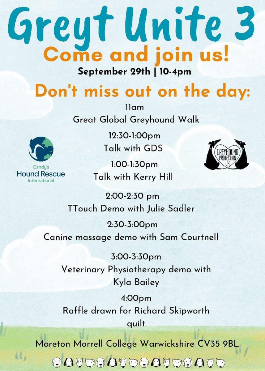 Are you coming ? Be great to see you all 
Lots to do , lots to see 
Come and join us 
#greytunite 
#greatglobalgreyhoundwalk 
#gggw2024 
#rescuedogs