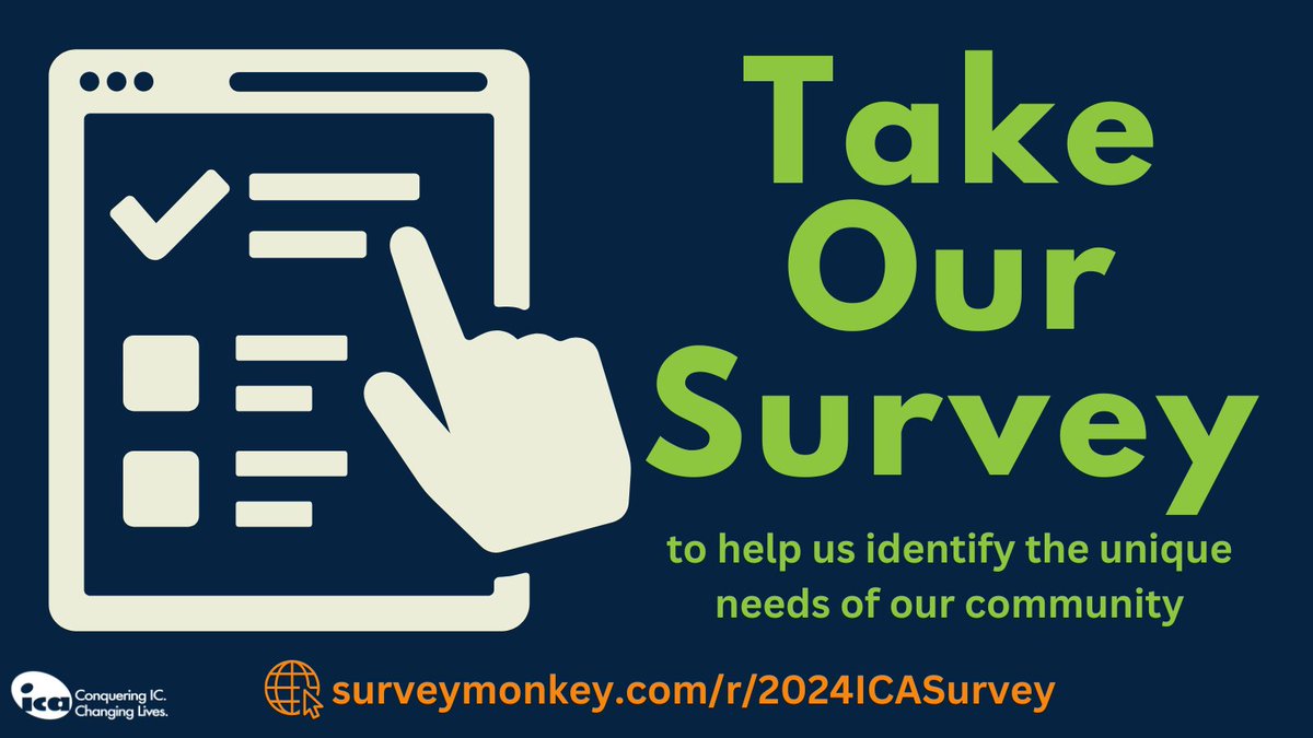 The ICA is conducting a survey to better understand and support our IC/BPS community.

By sharing your experiences and background, you help us identify the unique needs of our community.

Take the survey here: surveymonkey.com/r/2024ICASurvey

#InterstitialCystitis #BladderPainSyndrome