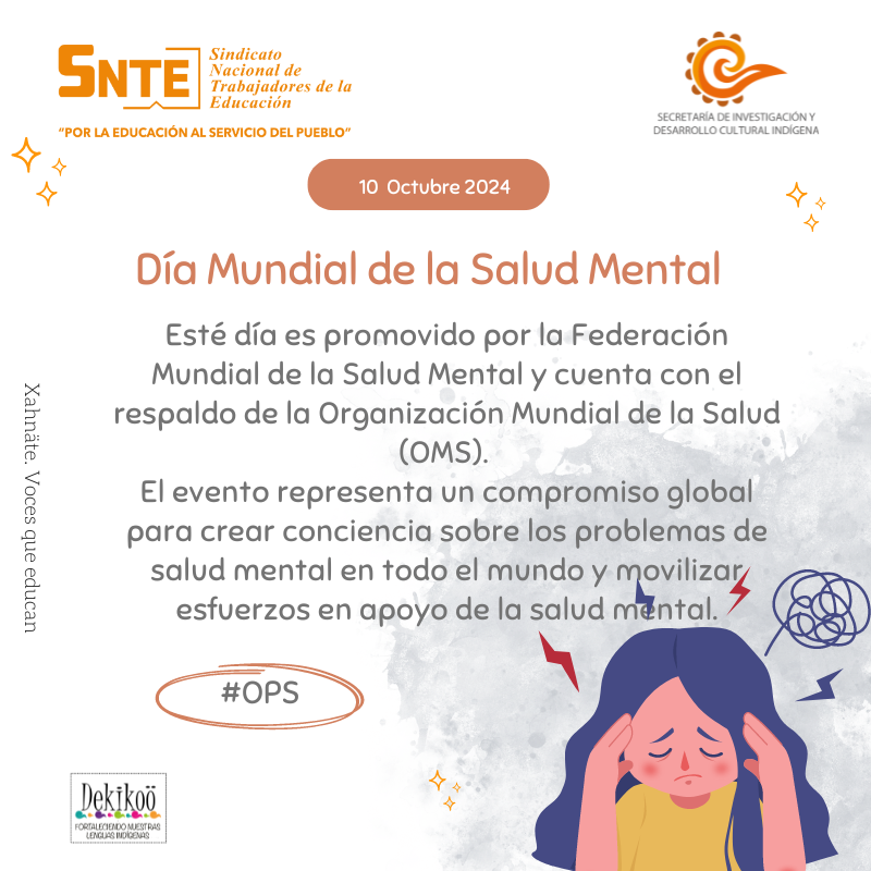 SNTEDUCINDIGENA's tweet photo. #Efeméride 𝐃í𝐚 𝐌𝐮𝐧𝐝𝐢𝐚𝐥 𝐝𝐞 𝐥𝐚 𝐒𝐚𝐥𝐮𝐝 𝐌𝐞𝐧𝐭𝐚𝐥 I 10 Octubre 2024

Lema: "Trabajo y salud mental, un vínculo fundamental".

#DecenioInternacionalDeLasLenguasIndígenas #DecenioInternacionalParaLosAfrodescendientes https://t.co/6CXFf8MPfi