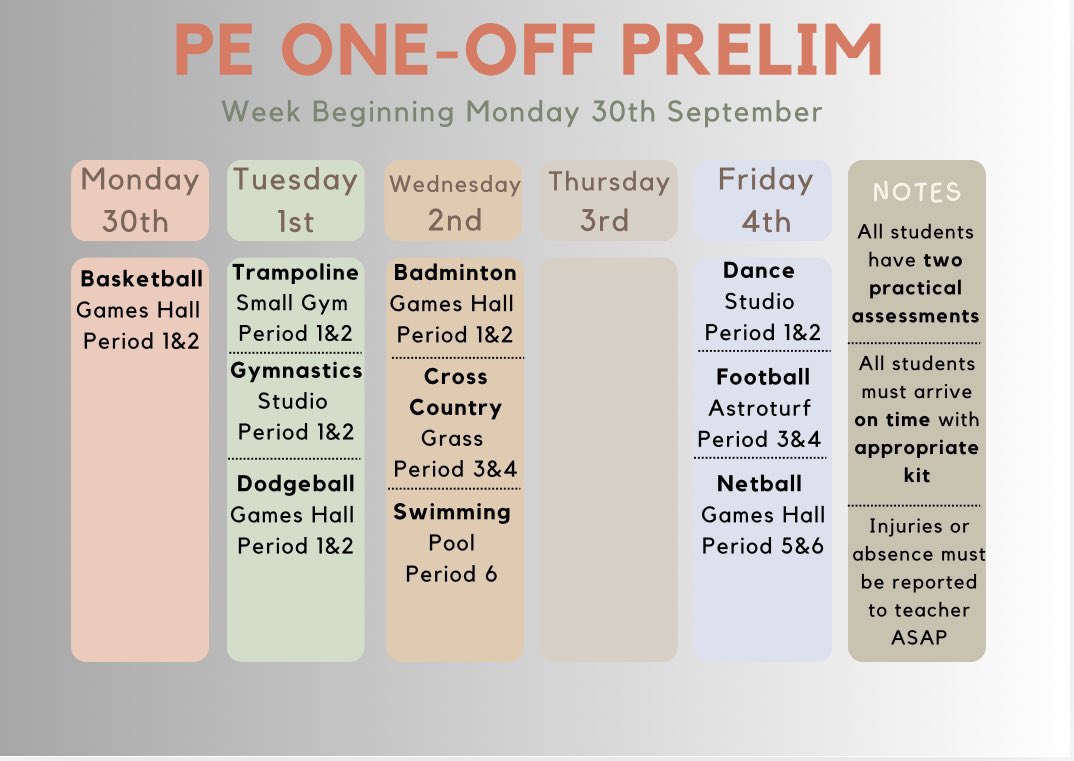 ❗️NAT5/HIGHER PE ONE OFF PERFORMANCE PRELIMS❗️

A very busy but exciting week next week with our one off performance prelims starting on Monday 30th September! Please make sure that you check the timetable and teams board in PE for date and time of your assessment ⚽️🏀🏸🏊🏻‍♀️🏐🏃🏻🩰