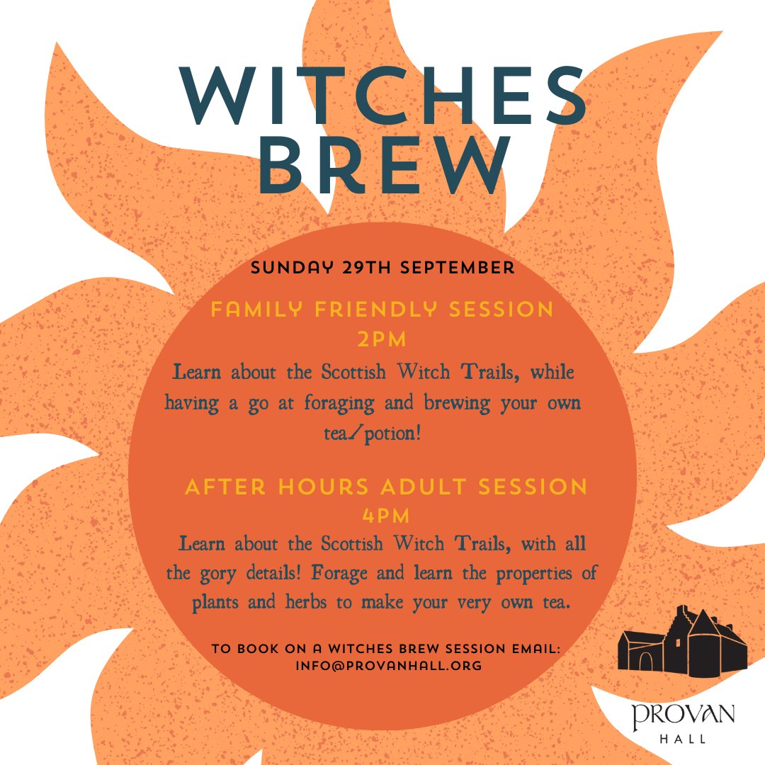 ProvanHall's tweet photo. We still have a few spaces left for this week's Witches Brew workshop and tour. Family friendly and adults only sessions available on Sunday 29th September. To book a free space please email info@provanhall.org
#witches #potionmaking #workshop #glasgow #glasgowevent https://t.co/WsukMPX2St