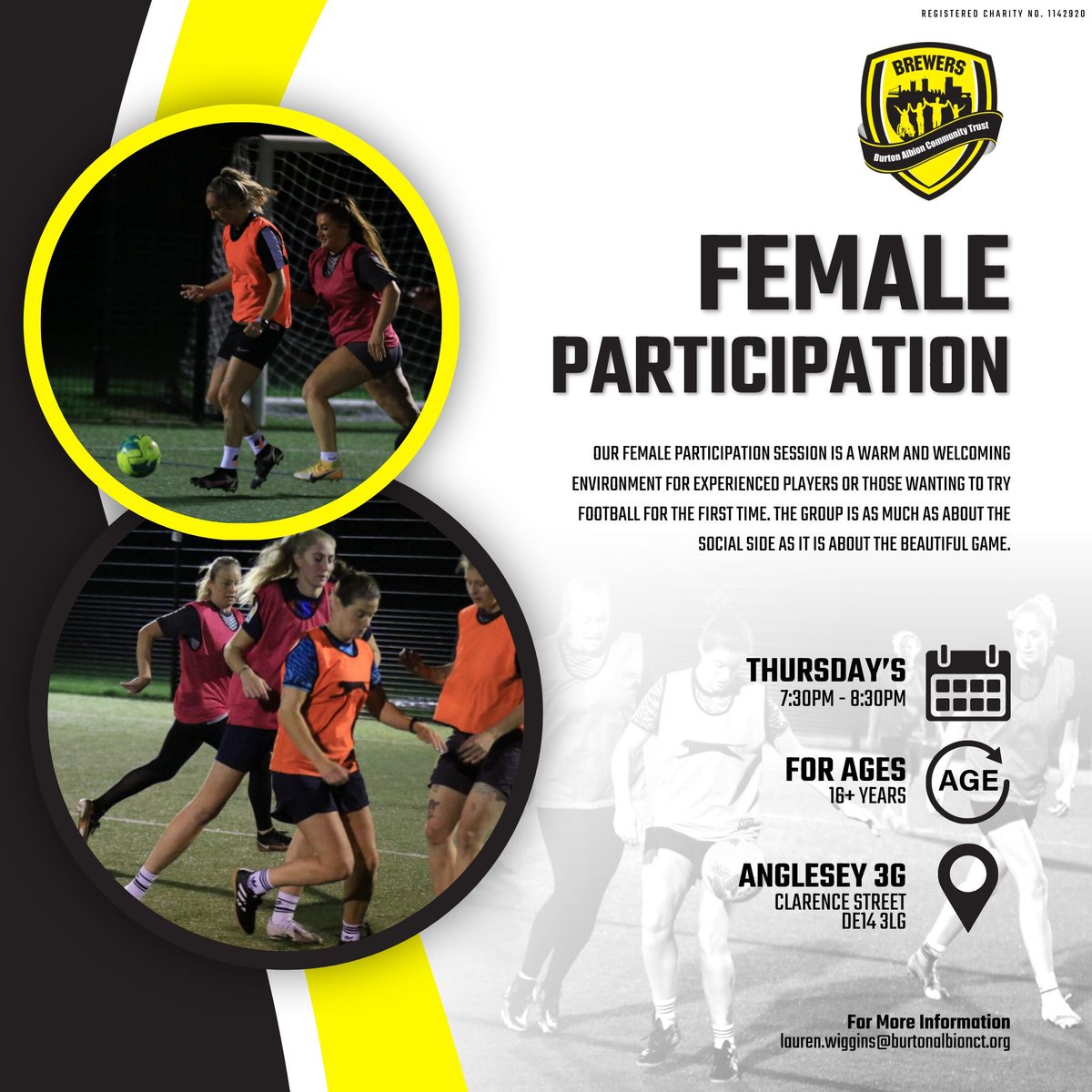 BurtonAlbionCT's tweet image. 👩 ⚽️ FEMALE PARTICIPATION

Ready to show off your football skills or embrace a new challenge by delving into the game for the first time ⚽ 

Every Thursday evening at Barton and Anglesey, we hold two exclusive football sessions specifically tailored for females. These sessions…