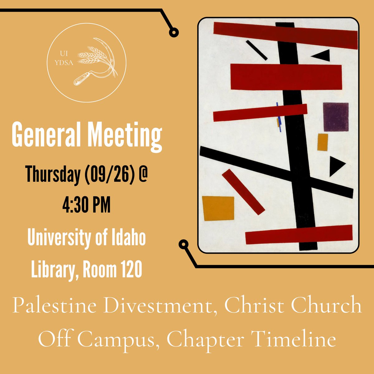 Join us for our next meeting, this Thursday, @ 4:30 PM in the University of Idaho Library, Room 120.

We will continue discussing Palestine solidarity work, our ‘Christ Church Off Campus’ campaign, and our chapter timeline/leadership elections.
