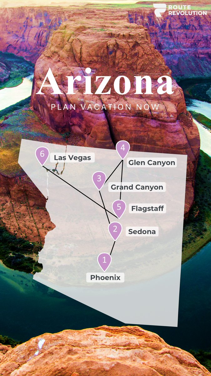 RouteRevolution's tweet image. Plan your epic 10-day road trip from Phoenix to Las Vegas with Route Revolution! 🚐🌵

🏜️ Phoenix: Hike Camelback
🏞️ Sedona: Red Rock magic
🌄 Grand Canyon: South Rim views
🌊 Glen Canyon: Lake Powell beauty
🏙️ Flagstaff: Route 66 vibes
🌟 Las Vegas: The Strip!

#RoadTrip