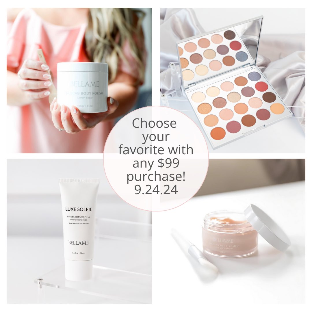 BELLAME:✨Today, pampering is on us! ✨Choose your favorite, up to an $87 value, yours FREE with a $99 purchase!  

🌸 Brazilian Pink Clay Mask &amp; Brush 
🍋 Lemon Sugar Scrub with Spoon
👁️ 20-shade Eyeshadow Palette
☀️ Luxe Soleil SPF 50

bellame.com/relyonangela