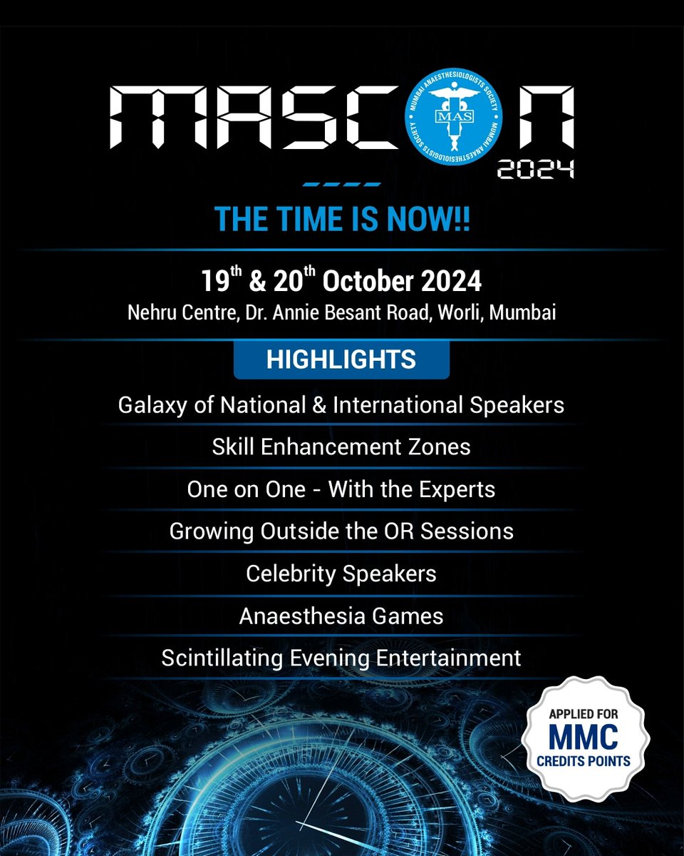 Come join us for one of the biggest Anaesthesia event in Mumbai at MASCON 2024 
19-20 th October
mumbaiana.org/mascon2024/
<a href="/drtiger222/">Harshal Wagh</a> <a href="/thevinitakeshri/">Vinita Keshri</a> <a href="/jigidivatia/">JV Divatia</a> <a href="/ISANHQ/">INDIAN SOCIETY OF ANAESTHESIOLOGISTS</a> <a href="/AoraIndia/">AORA India</a> <a href="/raj_docujjwal/">Ujjwalraj</a> <a href="/tsmurali/">Murali Thondebhavi</a> <a href="/8566288d9abc491/">Dr Amit Dikshit</a> <a href="/DrRakeshGarg8/">Dr Rakesh Garg AIIMS New Delhi</a> <a href="/BalavenkatDr/">Dr Balavenkat</a> <a href="/AnjugrewalDr/">Anju Grewal</a> <a href="/ankit2desai/">ankit desai</a>