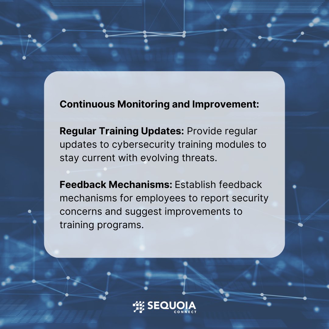 SequoiaConnect's tweet image. Fortify your organization against cyber threats! Follow our step-by-step guide on assessing risks, tailoring training modules, and implementing continuous improvement strategies for effective cybersecurity awareness training. 🔒🌐 #SequoiaConnect #CybersecurityTraining #TechHowTo