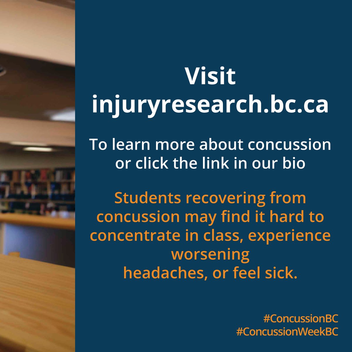 cattonline (@cattonline) on Twitter photo Students recovering from concussion may find it hard to concentrate in class, experience worsening
headaches, or feel sick. To learn more about concussions, visit injuryresearch.bc.ca/injury-priorit…
#ConcussionBC #ConcussionWeekBC
<a href="/BCChildrensHosp/">BC Children's Hospital</a> <a href="/BCCHresearch/">BC Children's Hospital Research Institute</a> Students recovering from concussion may find it hard to concentrate in class, experience worsening
headaches, or feel sick. To learn more about concussions, visit injuryresearch.bc.ca/injury-priorit…
#ConcussionBC #ConcussionWeekBC
<a href="/BCChildrensHosp/">BC Children's Hospital</a> <a href="/BCCHresearch/">BC Children's Hospital Research Institute</a>