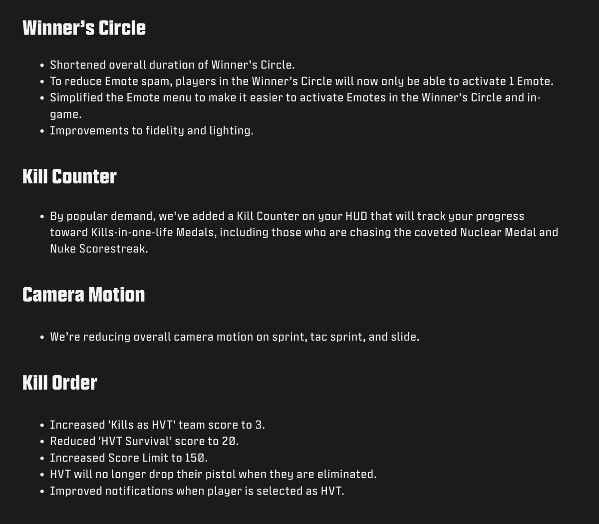 charlieINTEL's tweet photo. Additional changes for Black Ops 6 from beta to launch:

Winner's Circle time reduced
Kill Counter added to the HUD 
Changes to Kill Order mode
Updates to Equipment, Sleeper Agent, and Perks https://t.co/RLTPoLC5q9