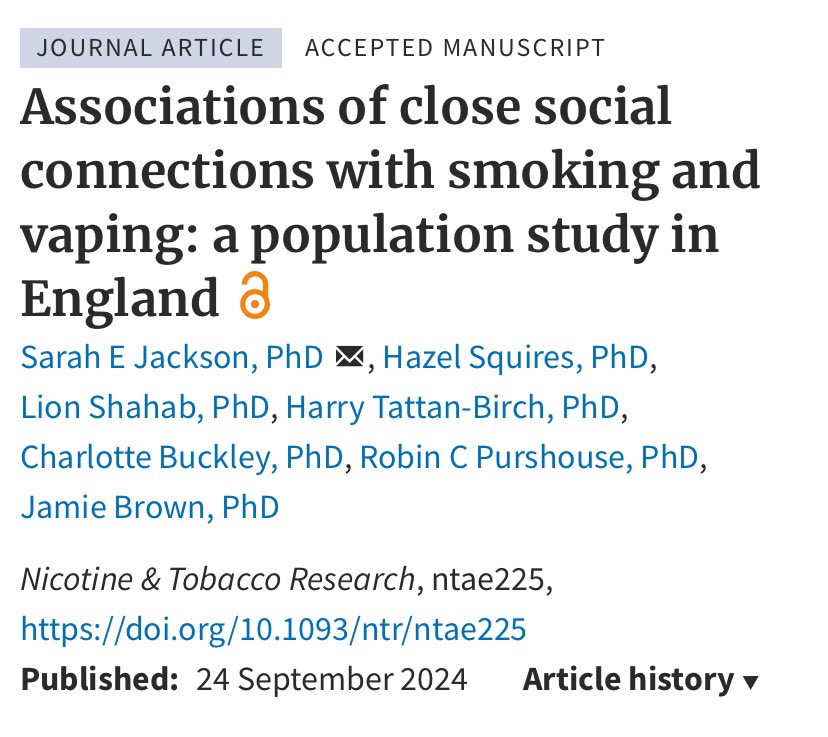 Sarah Jackson (@drsarahejackson) on Twitter photo There is good evidence smoking is a socially contagious behaviour.
In our new paper, we find similar evidence for vaping.
🧵⬇️
academic.oup.com/ntr/advance-ar… There is good evidence smoking is a socially contagious behaviour.
In our new paper, we find similar evidence for vaping.
🧵⬇️
academic.oup.com/ntr/advance-ar…