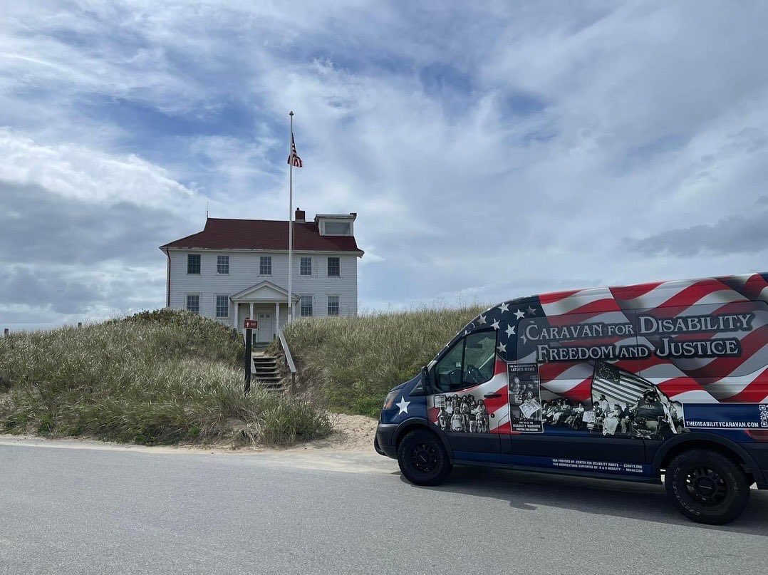 INDExSpokane's tweet photo. The Caravan for Disability Freedom and Justice is at the northernmost point of Cape Cod at the Race Point Lighthouse.  We can’t  get more east than this at this latitude!  #lighthouses #caravanfordisabilityfreedomandjustice2024 #caravanfordisability https://t.co/TRdsGy7gyt