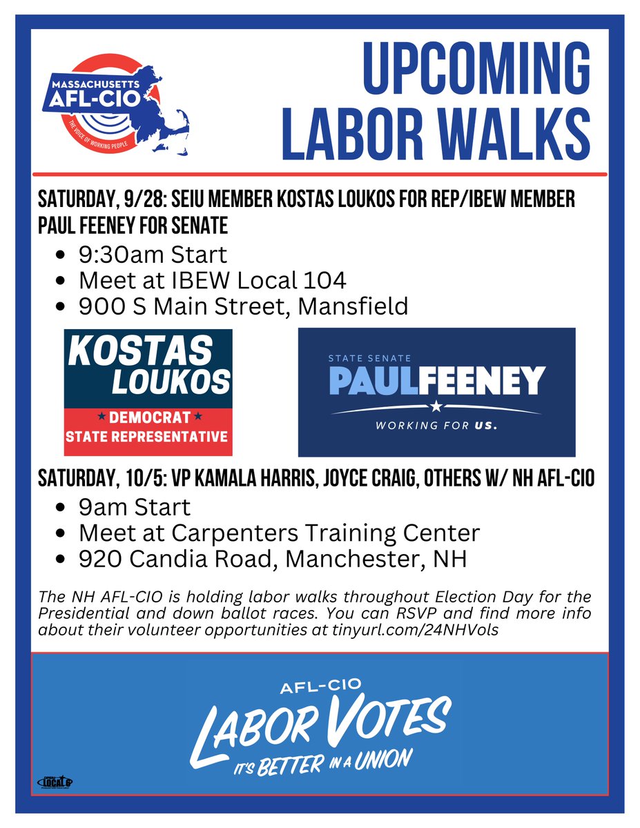 massaflcio's tweet image. We will be out hitting the doors for labor's endorsed champions throughout election day.

Saturday, join us for a labor walk for SEIU Member Kostas Loukos for State Rep. &amp;amp; IBEW member Paul Feeney for State Senate. We will meet at 9:30am at IBEW Local 104 in Mansfield. #mapoli