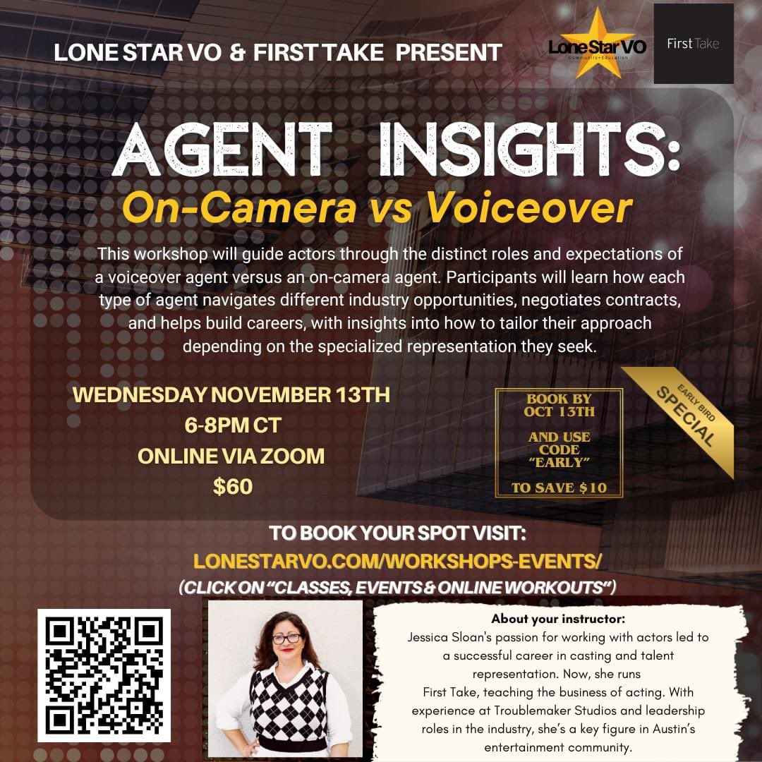 Agent Insights: On-Camera vs Voiceover

This workshop will guide actors through the distinct roles of a VO agent versus an on-camera agent. 

Nov 13th 6-8pm CT
EARLY BIRD SPECIAL
Save $10 when you book by Oct 13th and use code EARLY

Reserve your space:
bookeo.com/lonestarvo?typ…