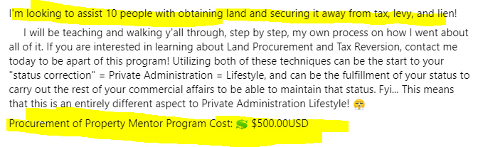 What a deal! This sov cit will help you move your land into the "Private Administration" lifestyle for only $500