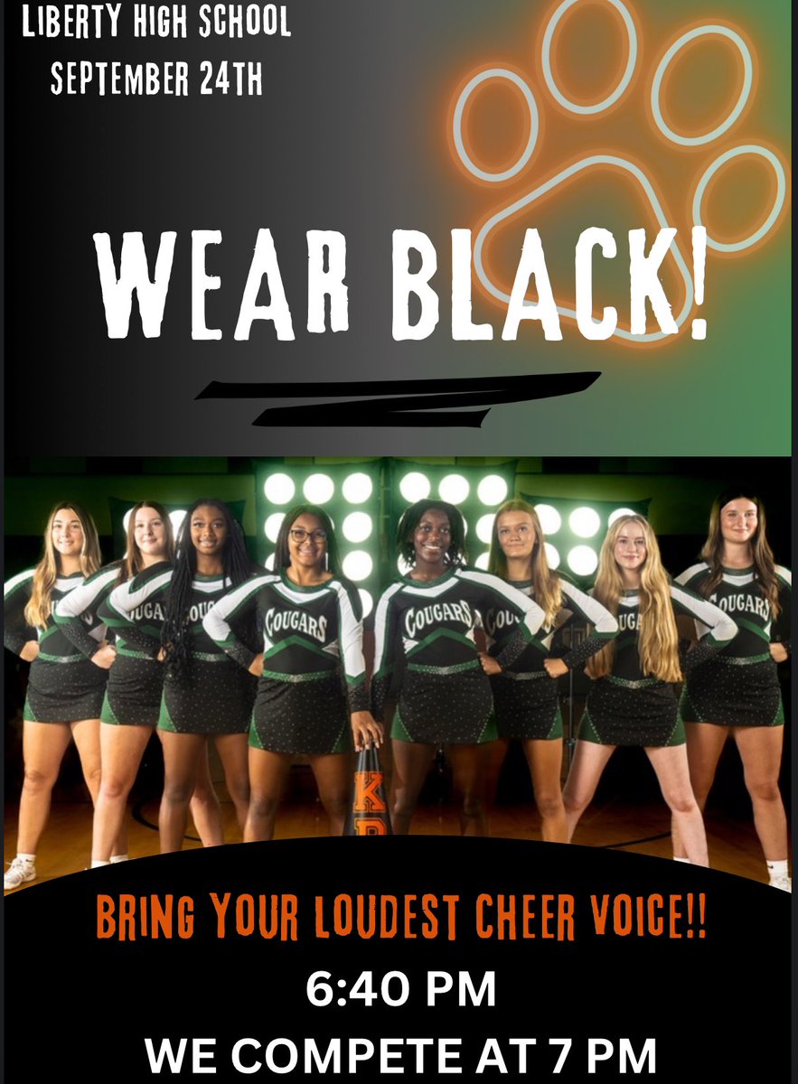 WEAR BLACK, BE LOUD, &amp; CHEER ON YOUR FAVORITE COUGARS TODAY AT LIBERTY HIGH SCHOOL 🧡🐾💚!!!

<a href="/KettleRunNews/">Kettle Run HS</a> 
@KettleRunCheer